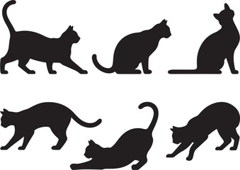 Creepy black cat silhouette vector set with sitting and walking poses for Halloween spooky decoration and gothic theme design