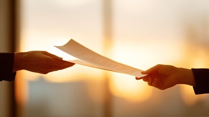 Two hands passing a document showing a business transaction against a warm blurred background