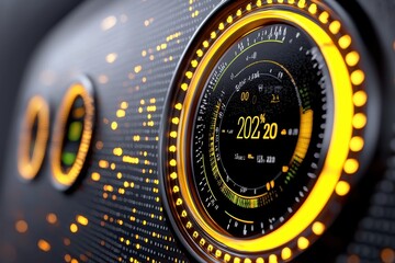 Futuristic 2020 Digital Display with Glowing Orange Accents