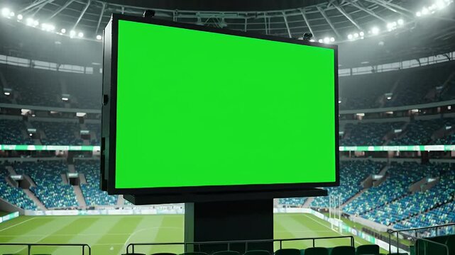 Green screen jumbotron in empty sports stadium. Digital scoreboard mockup for advertising, live scores, event display, or brand promotion.