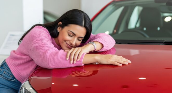 Young woman happily hugging a new red car in a dealership showroom