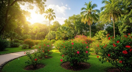 Fototapeta premium Lush garden path lined with vibrant roses, bathed in golden sunlight. Palm trees and lush greenery frame the scene