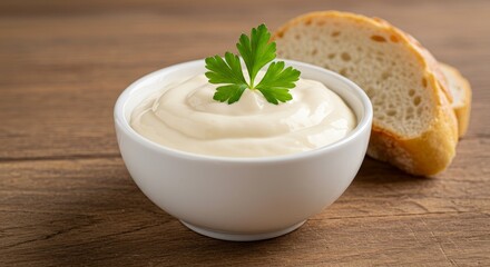 Creamy horseradish sauce served in a white bowl with bread on wood table