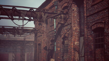 In a faded factory setting, weathered brick walls loom overhead, framed by rusted metal beams and remnants of machinery. A sense of history and decay permeates the air.