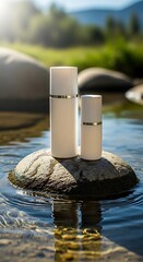 Natural Skincare Products on Rocks in Water.