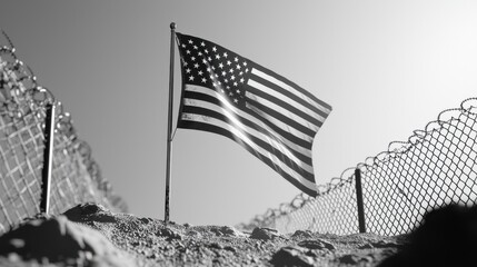 A black and white photo of an American flag waving near a barbed wire fence.