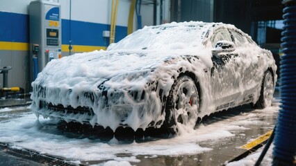 Car Covered in Thick Foam at Car Wash Station, Car Cleaning Process