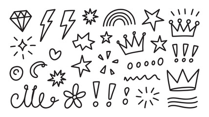 Hand-drawn doodle icons including crowns stars and lightning bolts representing fun creativity and childlike wonder