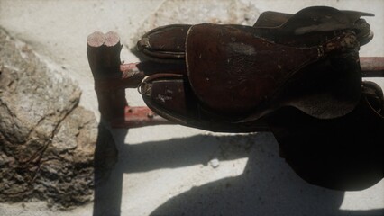 Several weathered leather saddles sit atop a simple wooden rack, basking in the warm sunlight. Surrounding rocks and sandy textures create a serene, rustic atmosphere.