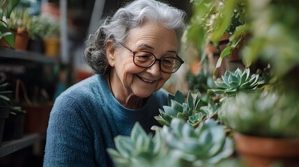 Elderly woman happily tending to succulent plants in a vibrant greenhouse during daylight hours