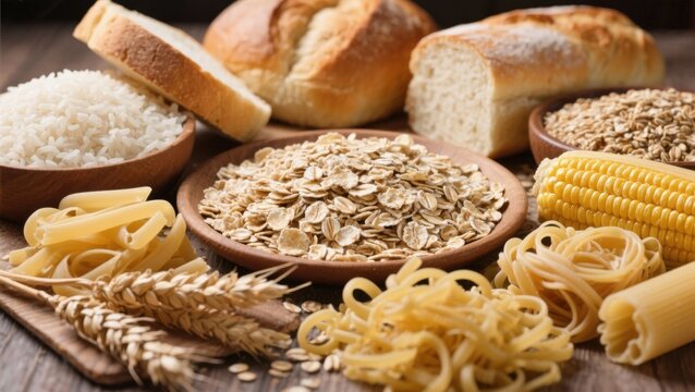 Carbohydrate-rich foods, including bread, rice, wholegrain flakes, oats, wheat and corn pasta. Carbs Food.