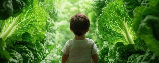 A child explores a lush green vegetable garden filled with fresh lettuce leaves.