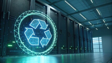 A digital representation of a recycling symbol in a server room, highlighting the theme of sustainability in technology.