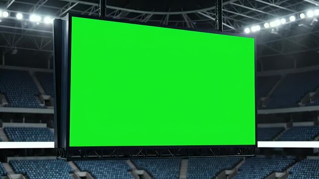 Green screen stadium jumbotron in an empty arena with bright lights and seating, ready for sports or event content display.