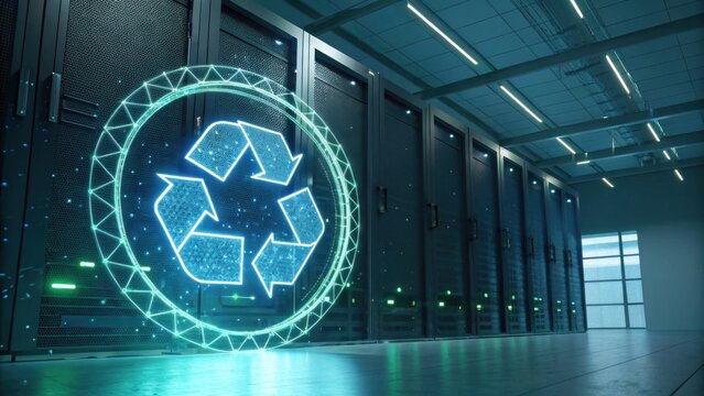 A digital representation of a recycling symbol in a server room, highlighting the theme of sustainability in technology. - Powered by Adobe