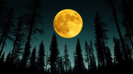 Golden Full Moon Over Silhouetted Forest at Night
