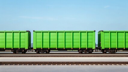Obraz premium A row of bright green freight train cars on a railway track under a clear blue sky, showcasing a modern industrial aesthetic.