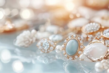 An elegant arrangement of sparkling jewelry pieces featuring gems and pearls, displayed on a reflective surface, creating a luxurious and sophisticated ambiance.