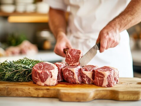 A chef skillfully slices marbled beef steaks on a wooden cutting board, accompanied by fresh rosemary, showcasing culinary expertise.