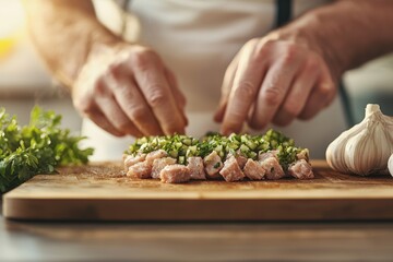 A person prepares chopped ingredients, including herbs and garlic, on a wooden cutting board, showcasing the art of cooking.