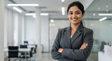 Radiant Indian businesswoman exudes corporate success with confidence and smile