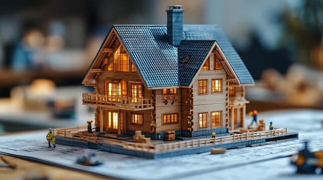 Wooden model house on display with intricate details showcasing craftsmanship and design in a cozy setting