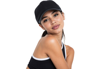 Young woman wearing a black cap poses confidently in a casual indoor setting with bright lighting during daytime