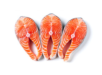 salmon, trout, steak, slice of fresh raw fish, isolated on white background.