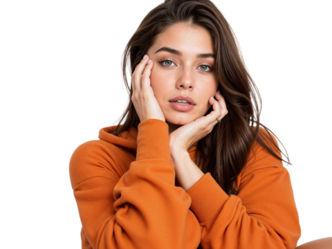 A young woman stands in a bright studio wearing an orange hoodie. She is resting her hands on her face, looking directly at the camera with a thoughtful expression, surrounded by a neutral background.