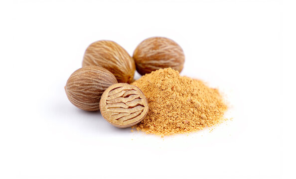 Whole and grated nutmeg isolated on white background