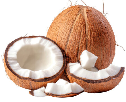 Open coconut with chunks and whole coconut displayed 