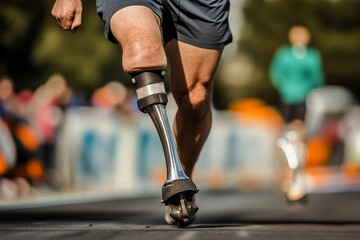 Close-up of person with prosthetic leg walking on court during sunset, highlighting resilience and strength in athletic pursuit