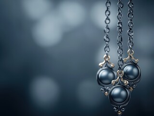 Elegant silver necklace with three dark pearls, beautifully suspended against a soft, blurred background.