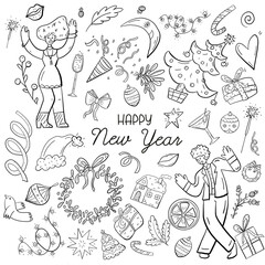 Obraz premium A festive set on a transparent background with elements for New year and Christmas. Doodle Christmas Tree Wreath People Champagne Gifts.