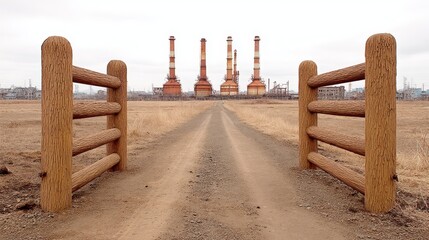 Naklejka premium Gravel Path to Industrial Plant Under Overcast Sky