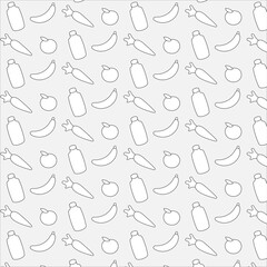Outline doodle fruits and vegetables, seamless design on gray background