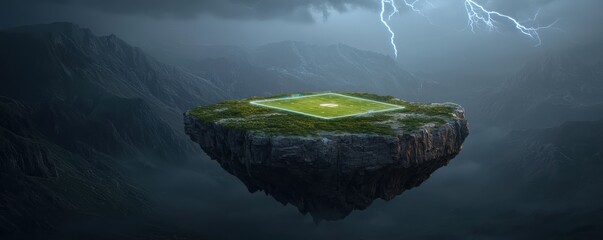 A futuristic floating soccer field surrounded by dramatic lightning and mountains.