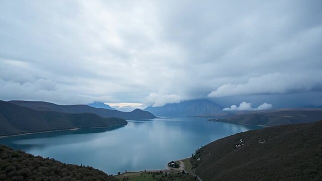 Clouds moving over mountain lake landscape nature outdoors