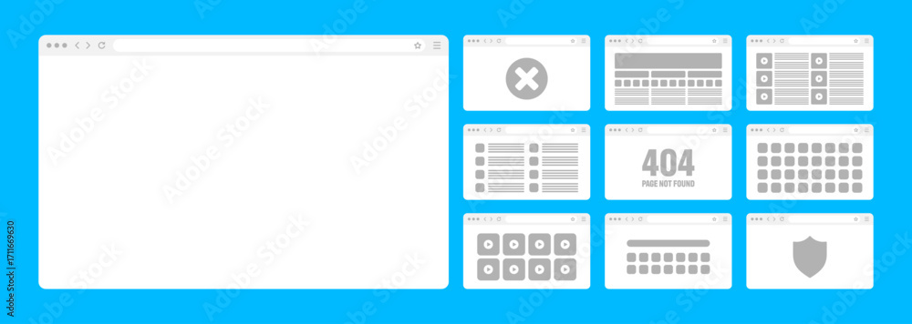 Aufkleber web browser window, pages layout with toolbar and search field. modern website, internet page in fla