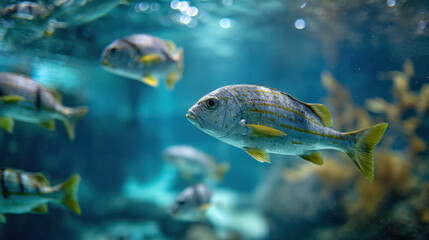 Swimmers in water with shimmering light illuminating underwater plants and rocks creating a serene aquatic environment filled with lively marine life.