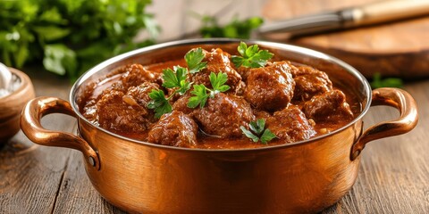 A rich, hearty dish served in a copper pot, garnished with fresh parsley, set against a wooden background.