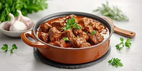 A flavorful dish of meatballs simmered in rich sauce, garnished with fresh herbs, and complemented by garlic on the side.
