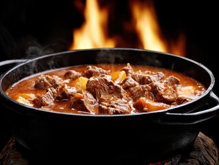 A steaming pot of savory beef stew, rich with flavors and tender meat, set against a dramatic flame backdrop that highlights its deliciousness.