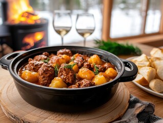 A cozy dish of meatballs and potatoes, served in a black pot, with wine glasses and a warm fireplace in the background, perfect for a hearty meal.