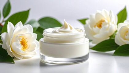 Elegant face cream jar with white camellias and green leaves, perfect for beauty and skincare themes.