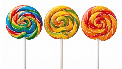 Three vibrant spiral lollipops in rainbow colors lined up against a white background, showcasing a playful and sweet treat.