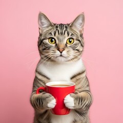 Cute Cat Holding Coffee Cup.