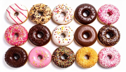 A vibrant assortment of donuts with diverse toppings, showcasing a delicious variety of colors and textures.