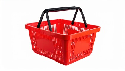 Vibrant red plastic shopping basket with sturdy black handles, perfect for retail and grocery concepts.
