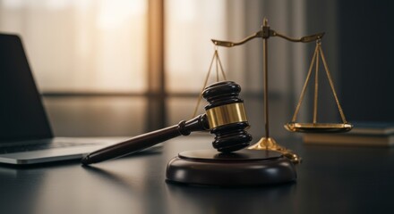 Symbols of justice gavel and scales, representing courtroom proceedings in legal settings